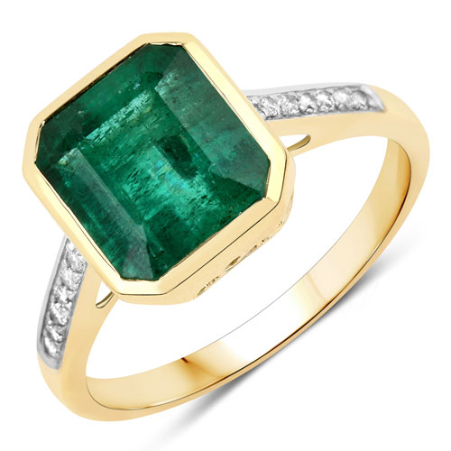 Emerald-3.94 Carat Genuine Zambian Emerald and White Diamond 14K Yellow Gold Ring