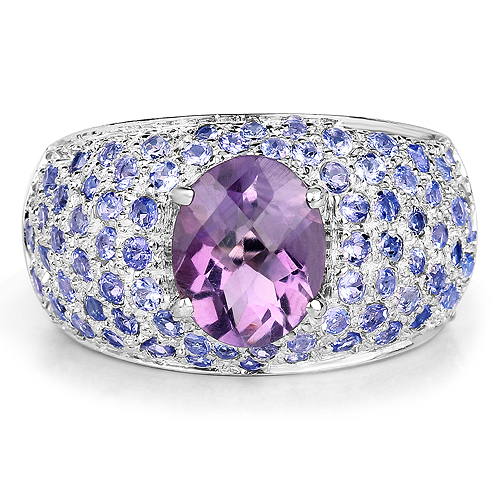 4.21 Carat Genuine Amethyst and Tanzanite .925 Sterling Silver Ring