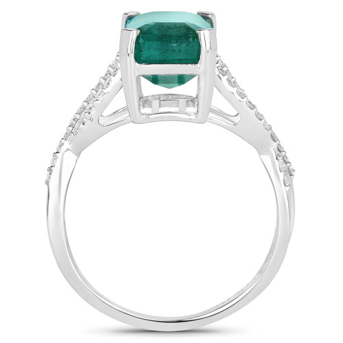 3.77 Carat Genuine Zambian Emerald and White Diamond 14K White Gold Ring