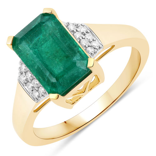Emerald-3.67 Carat Genuine Zambian Emerald and White Diamond 14K Yellow Gold Ring