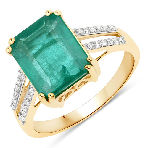 Emerald-4.06 Carat Genuine Zambian Emerald and White Diamond 14K Yellow Gold Ring