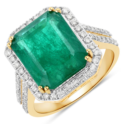 Emerald-7.65 Carat Genuine Zambian Emerald and White Diamond 14K Yellow Gold Ring