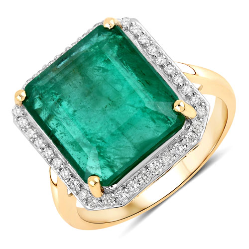 Emerald-8.76 Carat Genuine Zambian Emerald and White Diamond 14K Yellow Gold Ring