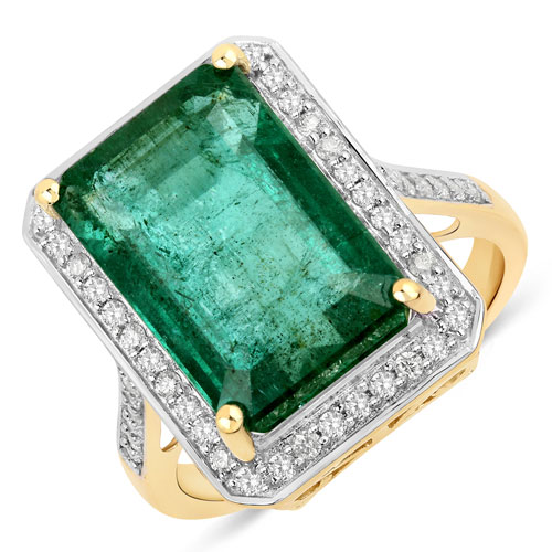 Emerald-9.29 Carat Genuine Zambian Emerald and White Diamond 14K Yellow Gold Ring