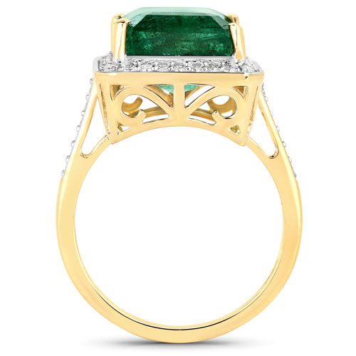 9.29 Carat Genuine Zambian Emerald and White Diamond 14K Yellow Gold Ring