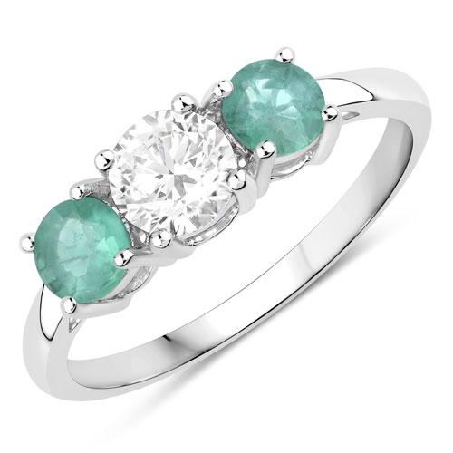 Emerald-0.96 Carat Genuine Zambian Emerald and Lab Grown Diamond 14K White Gold Ring