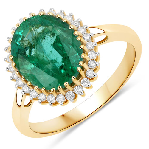 Emerald-3.51 Carat Genuine Zambian Emerald and White Diamond 14K Yellow Gold Ring