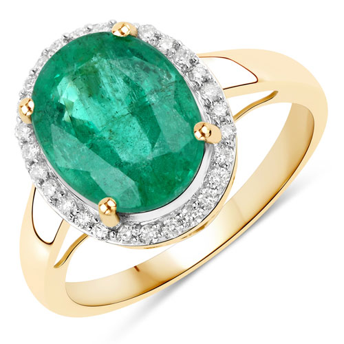 Emerald-3.91 Carat Genuine Zambian Emerald and White Diamond 14K Yellow Gold Ring