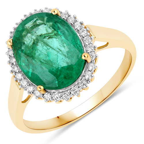 Emerald-3.77 Carat Genuine Zambian Emerald and White Diamond 14K Yellow Gold Ring