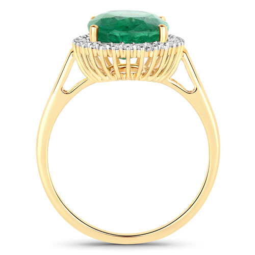3.77 Carat Genuine Zambian Emerald and White Diamond 14K Yellow Gold Ring