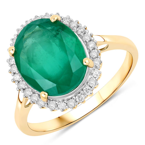 Emerald-4.07 Carat Genuine Zambian Emerald and White Diamond 14K Yellow Gold Ring