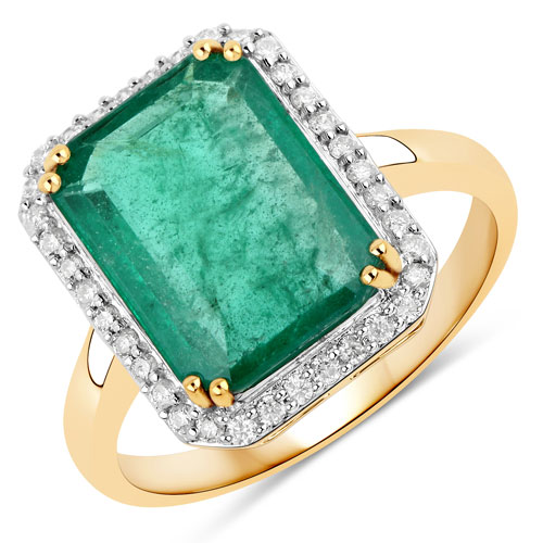 Emerald-4.47 Carat Genuine Zambian Emerald and White Diamond 14K Yellow Gold Ring