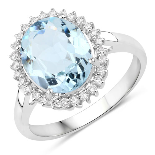 Rings-2.81 Carat Genuine Aquamarine and White Diamond 14K White Gold Ring
