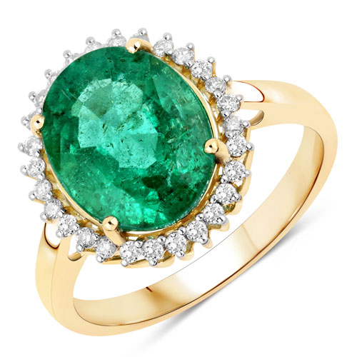Emerald-4.30 Carat Genuine Zambian Emerald and White Diamond 14K Yellow Gold Ring