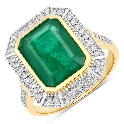 Emerald-5.54 Carat Genuine Zambian Emerald and White Diamond 14K Yellow Gold Ring