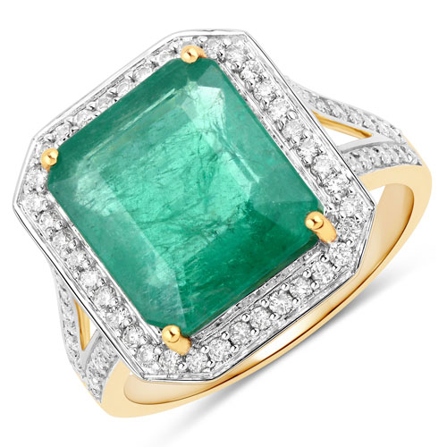 Emerald-5.74 Carat Genuine Zambian Emerald and White Diamond 14K Yellow Gold Ring
