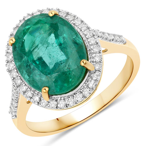 Emerald-5.31 Carat Genuine Zambian Emerald and White Diamond 14K Yellow Gold Ring