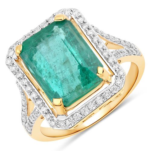 Emerald-6.62 Carat Genuine Zambian Emerald and White Diamond 14K Yellow Gold Ring