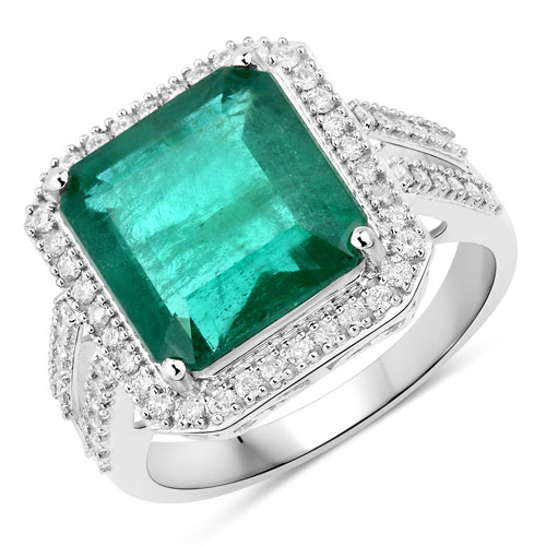 Emerald-5.76 Carat Genuine Zambian Emerald and White Diamond 14K White Gold Ring