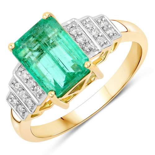 Emerald-2.80 Carat Genuine Colombian Emerald and White Diamond 14K Yellow Gold Ring