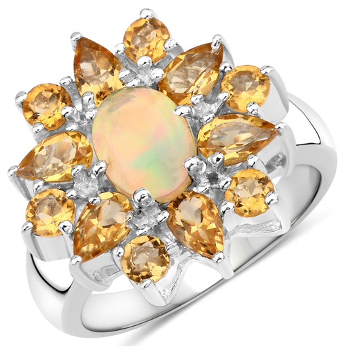 Opal-2.75 Carat Genuine Ethiopian Opal and Citrine .925 Sterling Silver Ring
