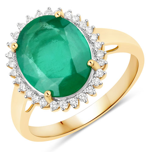 Emerald-3.36 Carat Genuine Zambian Emerald and White Diamond 14K Yellow Gold Ring