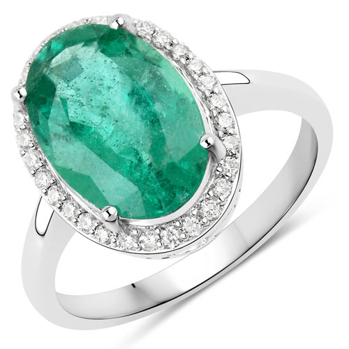 Emerald-3.17 Carat Genuine Zambian Emerald and White Diamond Ring