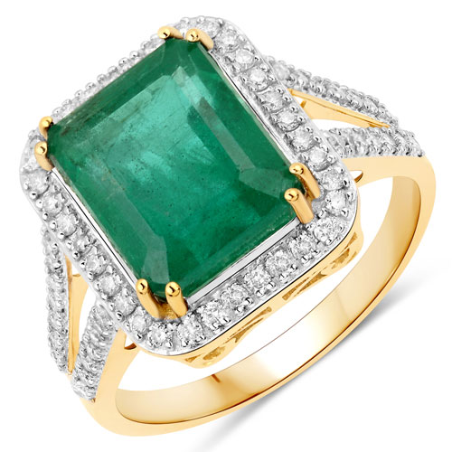 Emerald-5.90 Carat Genuine Zambian Emerald and White Diamond 14K Yellow Gold Ring