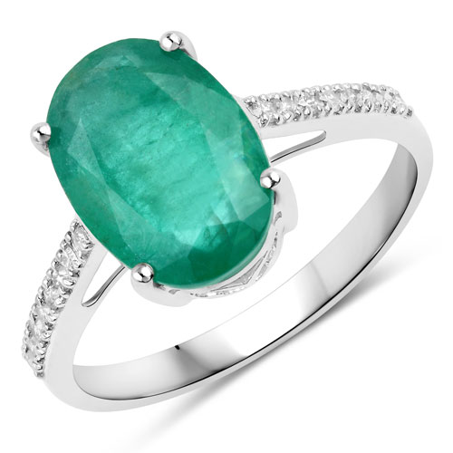 Emerald-3.12 Carat Genuine Zambian Emerald and White Diamond 14K White Gold Ring