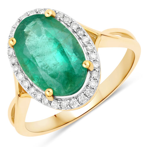 Emerald-3.09 Carat Genuine Zambian Emerald and White Diamond 14K Yellow Gold Ring