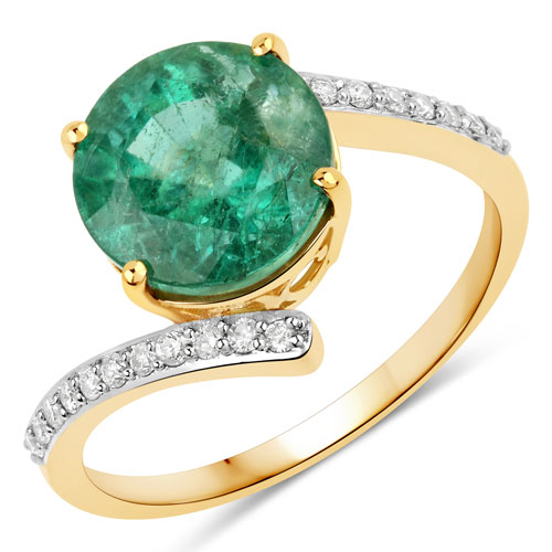 Emerald-3.44 Carat Genuine Zambian Emerald and White Diamond 14K Yellow Gold Ring