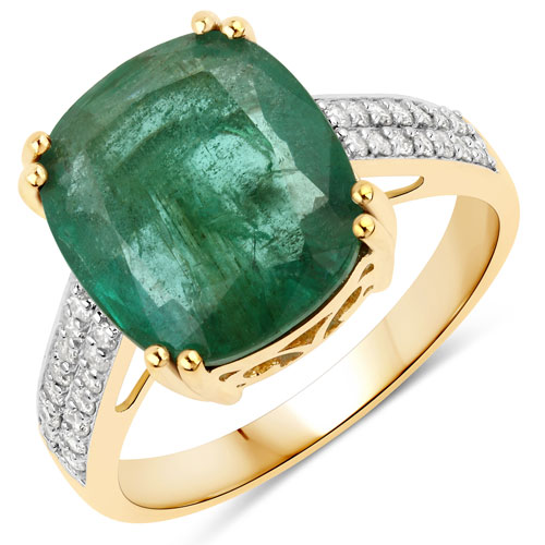 Emerald-4.62 Carat Genuine Zambian Emerald and White Diamond 14K Yellow Gold Ring