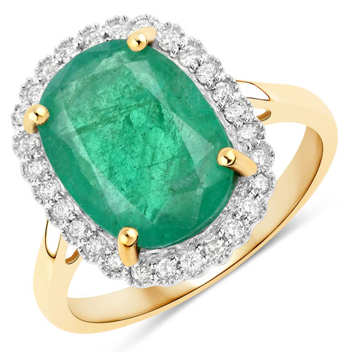 Emerald-4.47 Carat Genuine Zambian Emerald and White Diamond 14K Yellow Gold Ring