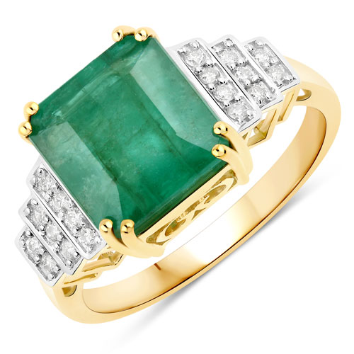 Emerald-4.26 Carat Genuine Zambian Emerald and White Diamond 14K Yellow Gold Ring