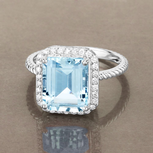 4.13 Carat Genuine Aquamarine and White Diamond 14K White Gold Ring
