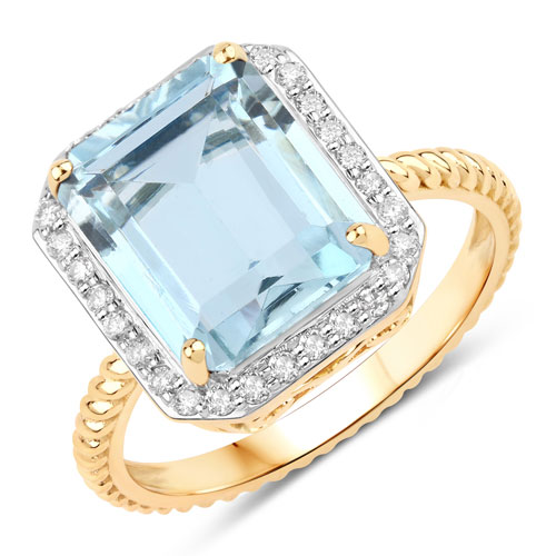 Rings-4.13 Carat Genuine Aquamarine and White Diamond 14K Yellow Gold Ring