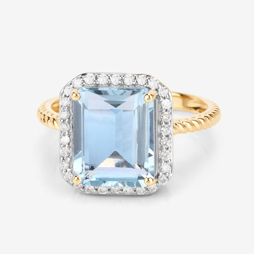4.13 Carat Genuine Aquamarine and White Diamond 14K Yellow Gold Ring