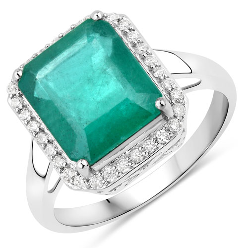 Emerald-4.54 Carat Genuine Zambian Emerald and White Diamond 14K White Gold Ring