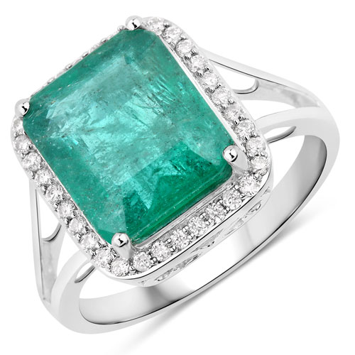 Emerald-4.82 Carat Genuine Zambian Emerald and White Diamond 14K White Gold Ring