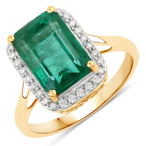 Emerald-4.73 Carat Genuine Zambian Emerald and White Diamond 14K Yellow Gold Ring