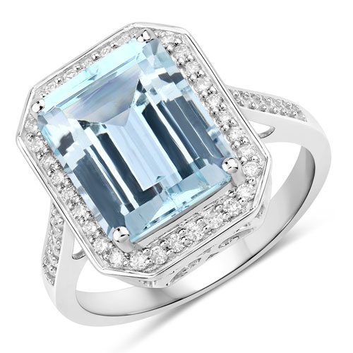 Rings-4.69 Carat Genuine Aquamarine and White Diamond 14K White Gold Ring