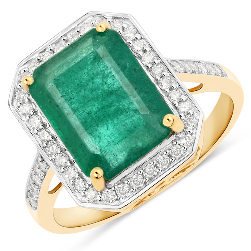 Emerald-4.70 Carat Genuine Zambian Emerald and White Diamond 14K Yellow Gold Ring