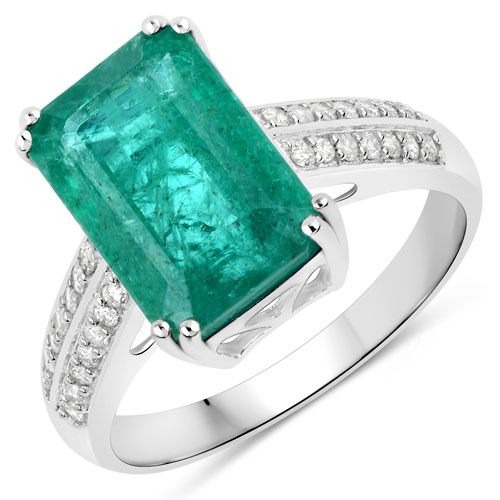 Emerald-4.65 Carat Genuine Zambian Emerald and White Diamond 14K White Gold Ring