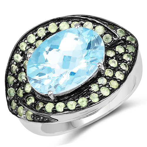 Rings-7.39 Carat Genuine Blue Topaz and Peridot .925 Sterling Silver Ring