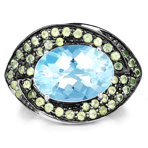 7.39 Carat Genuine Blue Topaz and Peridot .925 Sterling Silver Ring