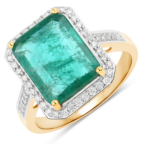 Emerald-4.38 Carat Genuine Zambian Emerald and White Diamond 14K Yellow Gold Ring
