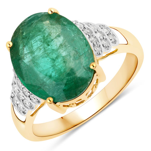 Emerald-4.68 Carat Genuine Zambian Emerald and White Diamond 14K Yellow Gold Ring