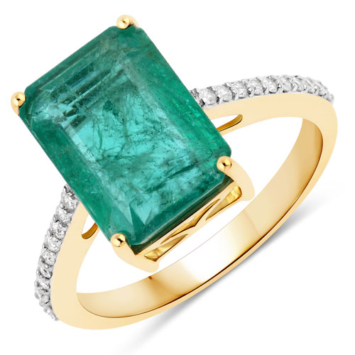 Emerald-4.86 Carat Genuine Zambian Emerald and White Diamond 14K Yellow Gold Ring