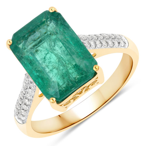 Emerald-4.94 Carat Genuine Zambian Emerald and White Diamond 14K Yellow Gold Ring
