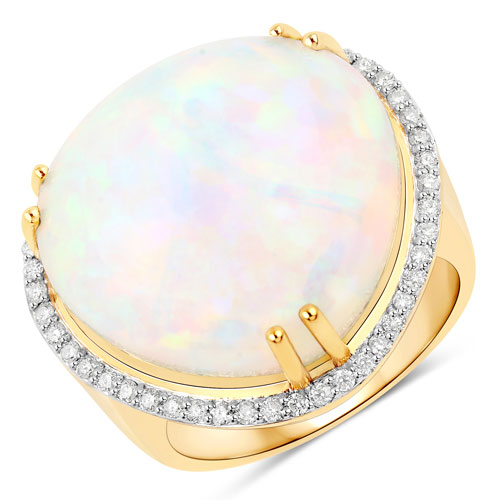 Opal-19.80 Carat Genuine Ethiopian Opal and White Diamond 14K Yellow Gold Ring